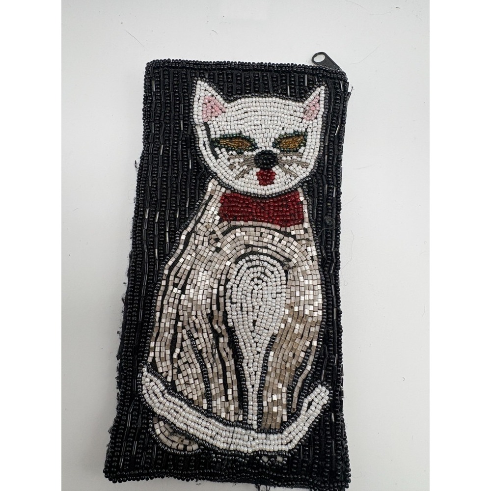 Vintage Beaded Applique of Cat with Red Bow Tie